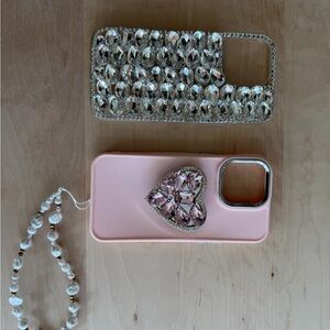 iPhone 15 pro max Pink and Silver Phone Case with Heart Design